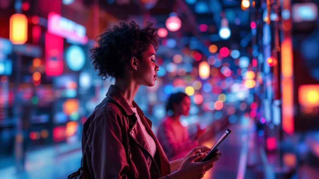 women holding a phone in a digital world