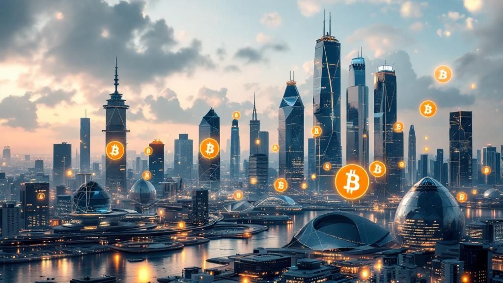 A futuristic cityscape with digital Bitcoin symbols integrated into the skyline, symbolizing the future of wealth distribution.