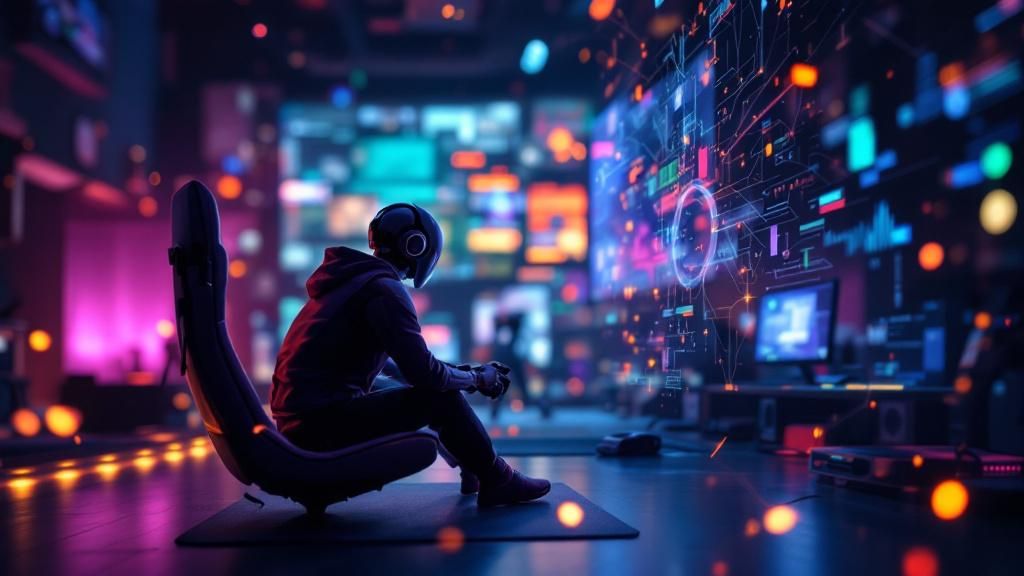 An infographic showing the intersection of AI technology and gaming, highlighting key benefits like improved realism and player experience.